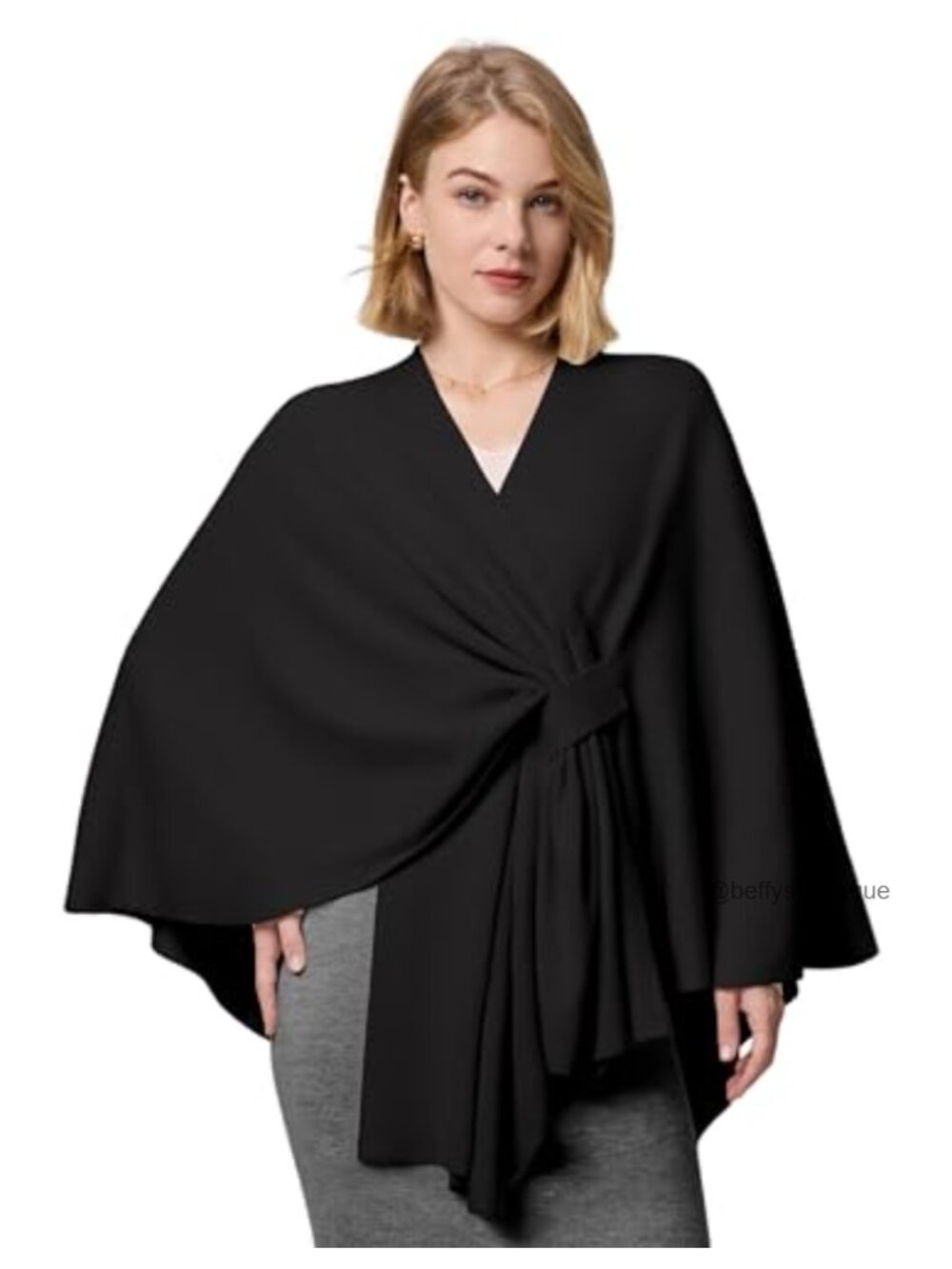 Double-Knitted Shawl Wrap Cross Front Poncho Sweater with Belt